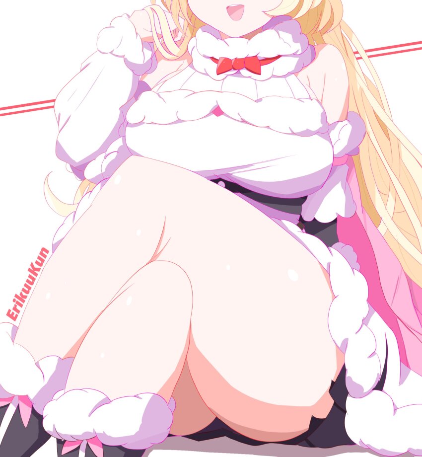 1girl, bare_shoulders, blonde_hair, breasts, crossed_legs, dress, erikuukun, head_out_of_frame