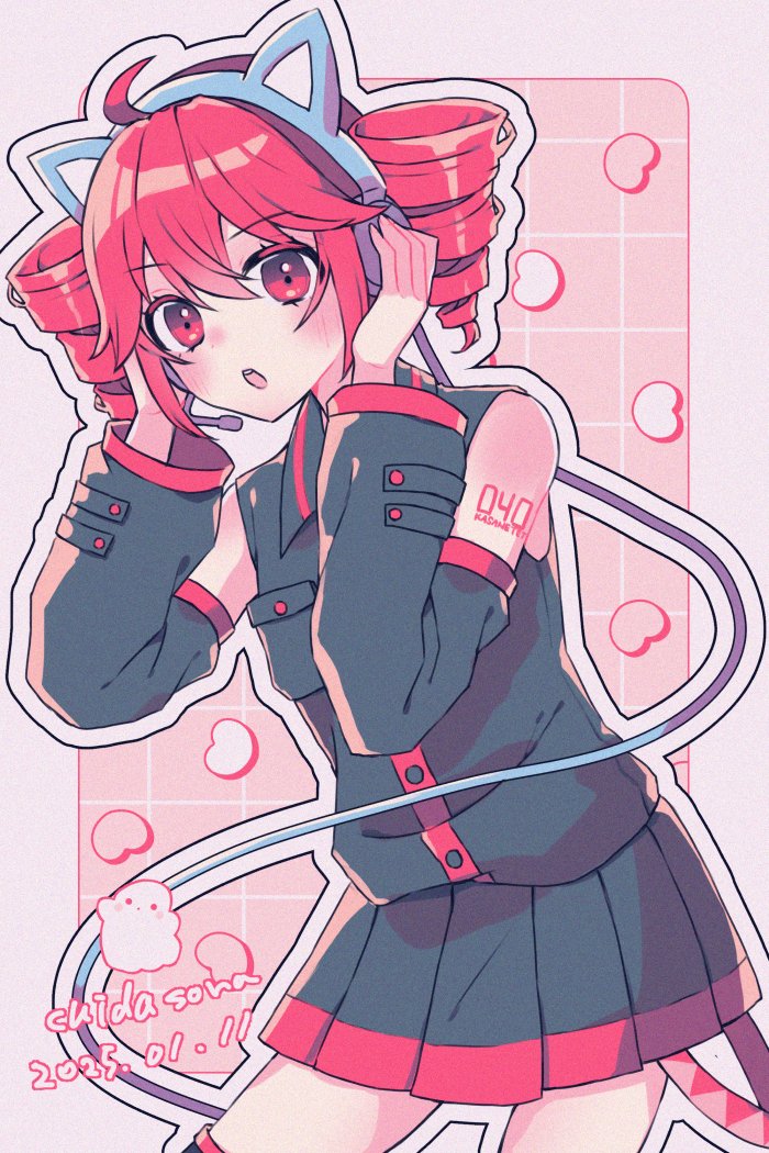 1girl, :o, ahoge, animal_ear_headphones, animal_ears, black_skirt, black_sleeves, blush