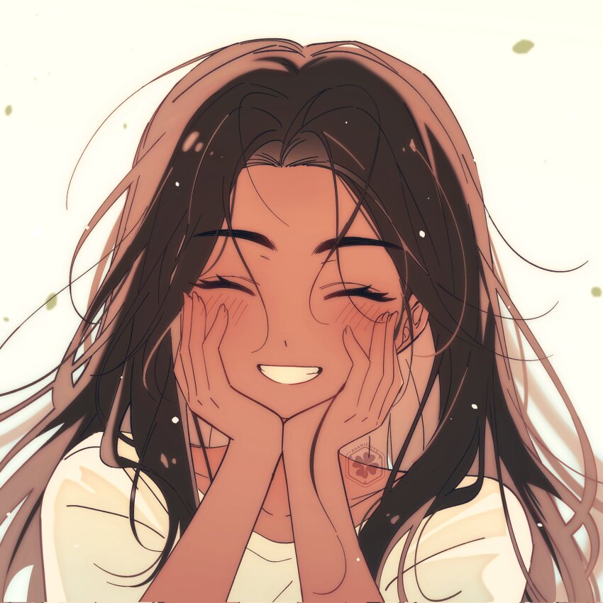 1girl, akanichiyu, alien_stage, blush, brown_hair, closed_eyes, commentary, dark-skinned_female, dark_skin, english_commentary, hands_on_own_face, highres, hyuna_(alien_stage), long_hair, portrait, shirt, smile, solo, watermark, white_background, white_shirt