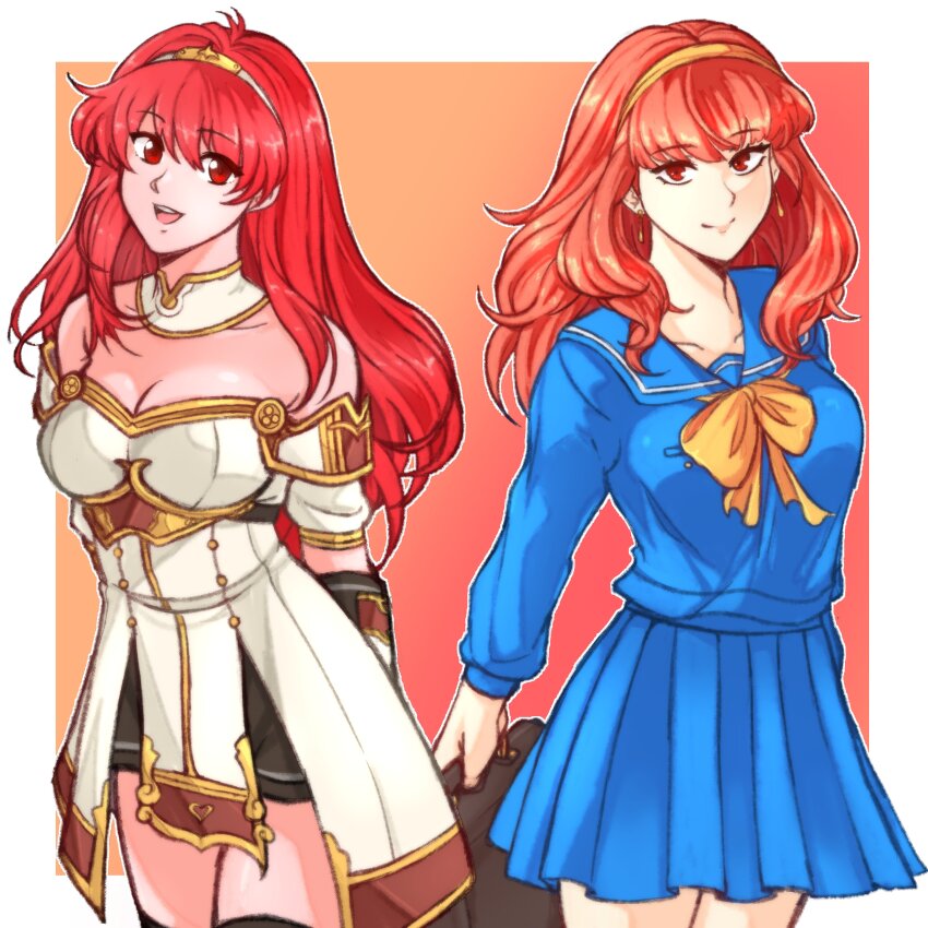 2girls, :d, absurdres, alternate_costume, arms_behind_back, bag, bare_shoulders, black_thighhighs