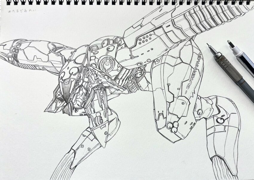 art_tools_in_frame, cannon, commentary_request, graphite_(medium), greyscale, highres, mecha, metal_gear_(robot)