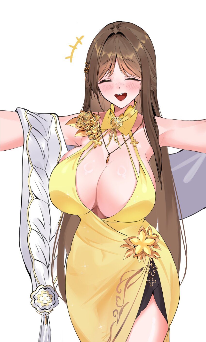 absurdres, black_survival, breasts, brown_hair, closed_eyes, collar, dress, eternal_return:_black_survival