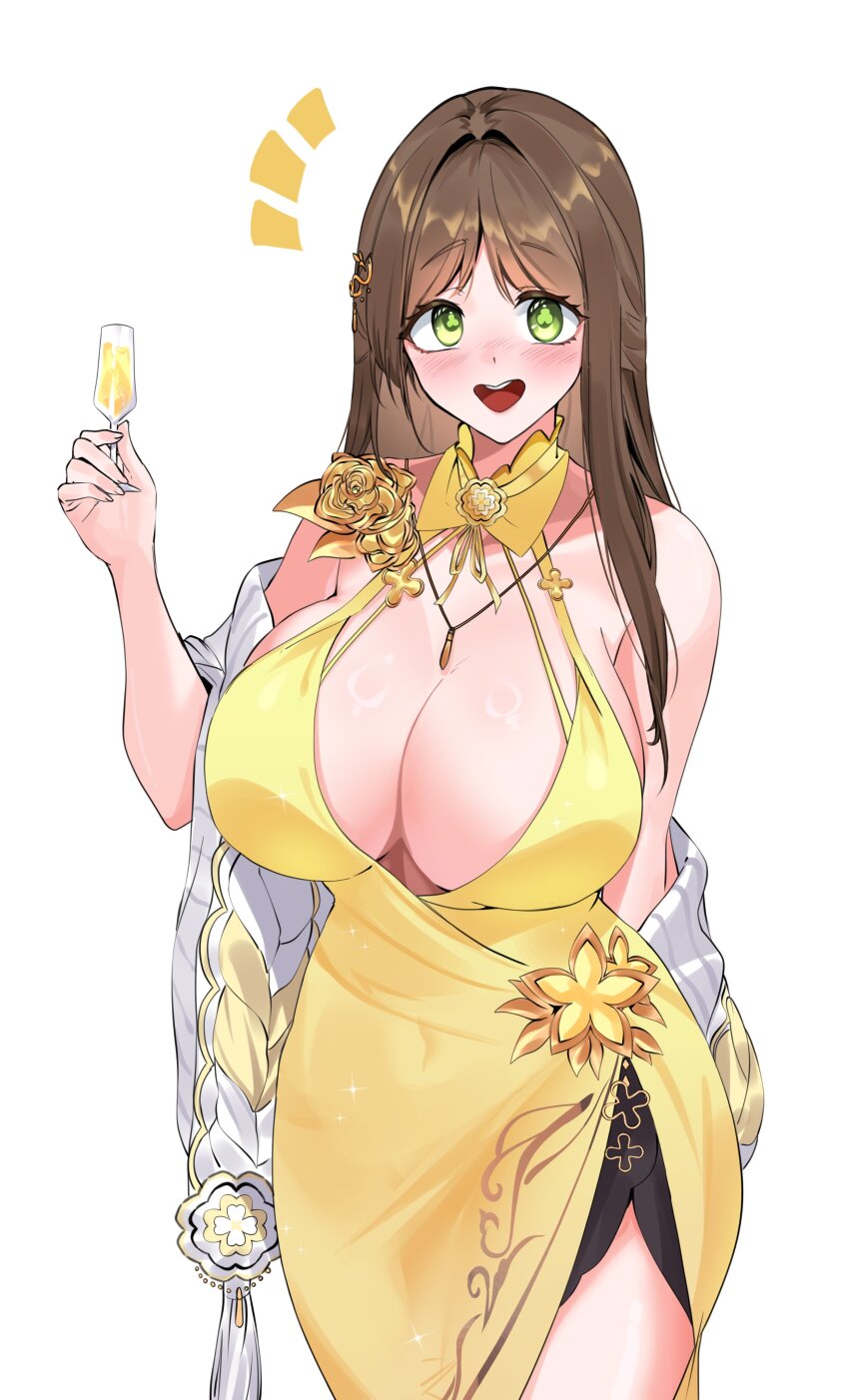 absurdres, black_survival, breasts, brown_hair, clover-shaped_pupils, cup, dress, drinking_glass, eternal_return:_black_survival, evening_gown, flower, glass, gold_flower, green_eyes, gweon_sua, gweon_sua_(1st_anniversary), highres, holding, holding_cup, large_breasts, long_hair, symbol-shaped_pupils, uwa81087288, wine_glass, yellow_dress, yellow_flower