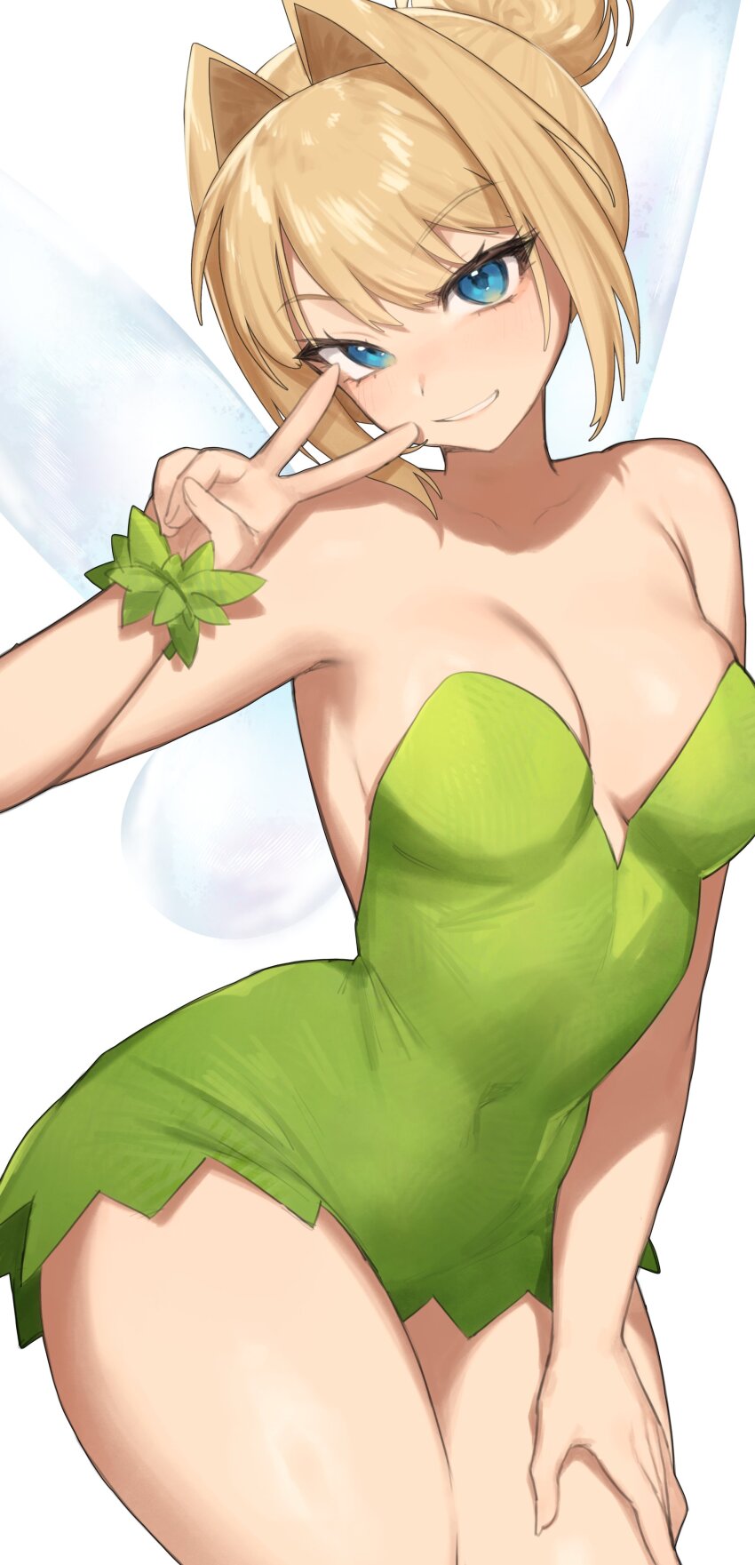 1girl, absurdres, bare_shoulders, blonde_hair, blue_eyes, bracelet, breasts, commentary, contrapposto, cowboy_shot, dress, english_commentary, fairy, fairy_wings, green_dress, grin, hair_bun, hand_on_own_hip, hand_up, highres, jewelry, large_breasts, leaf_bracelet, looking_at_viewer, ohwasuy, parted_lips, single_hair_bun, smile, solo, strapless, strapless_dress, thighs, tinker_bell_(disney), v, walt_disney's_peter_pan, wide_hips, wings
