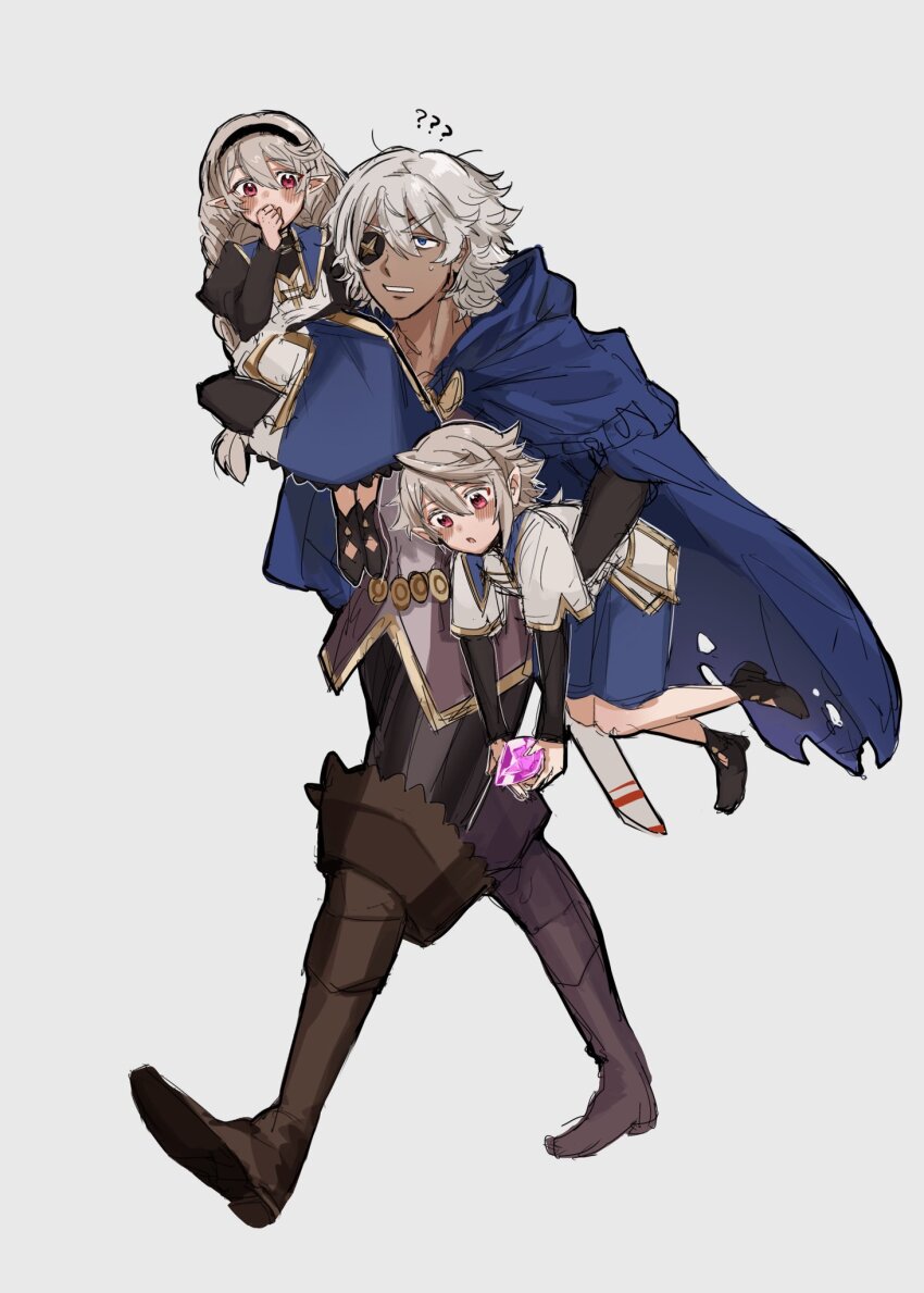 1girl, 2boys, aged_down, black_hairband, blue_hood, braid, braided_twintails, carrying