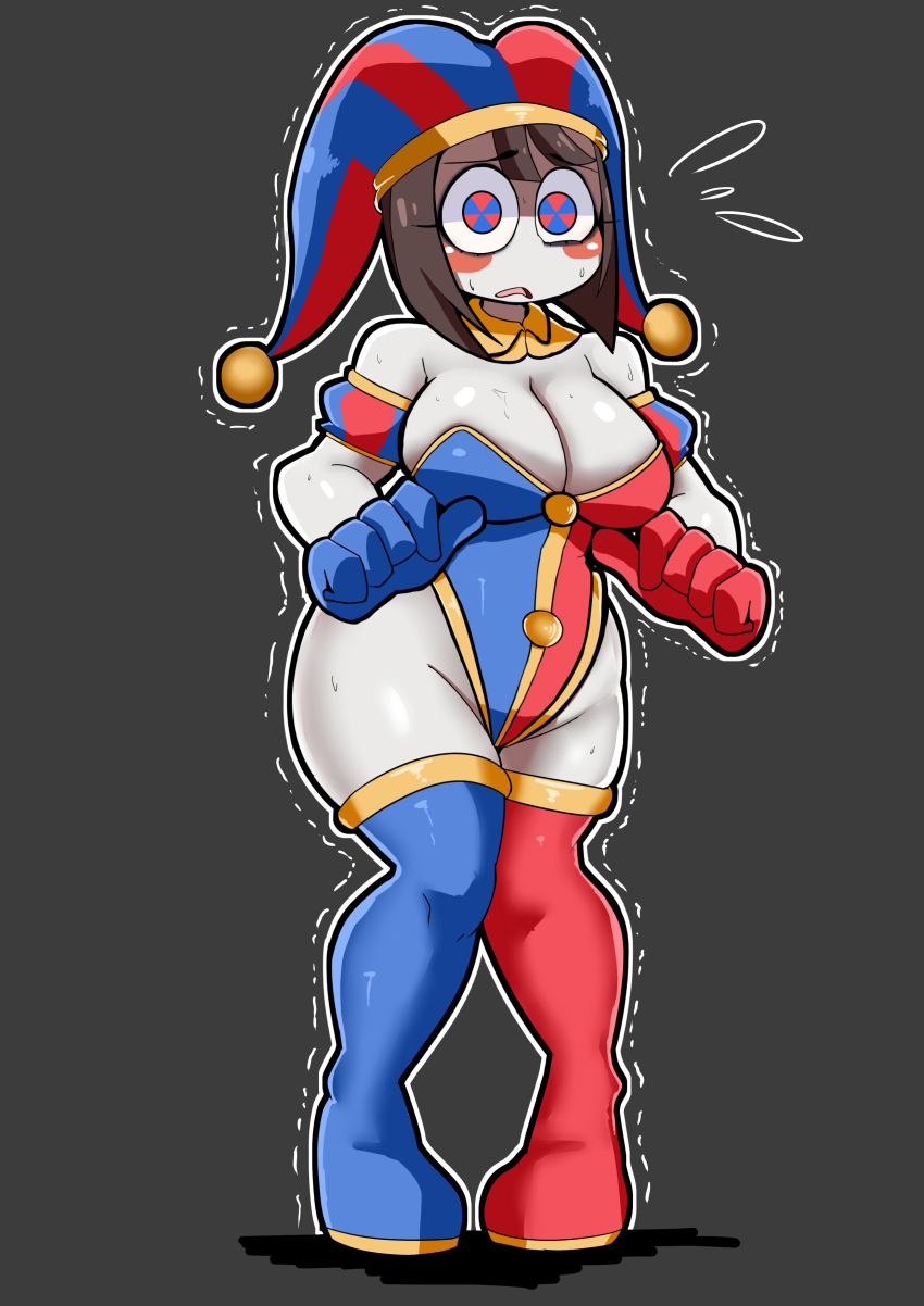 1girl, absurdres, alternate_breast_size, asymmetrical_gloves, asymmetrical_legwear, blue_eyes, blue_gloves, blue_leotard, blush_stickers, boots, breasts, brown_hair, cleavage, colored_skin, glitch_productions, gloves, hat, hat_bell, highres, jester, jester_cap, large_breasts, leotard, mismatched_gloves, mismatched_legwear, mr_a-lee, multicolored_eyes, multicolored_leotard, no_nose, pomni_(the_amazing_digital_circus), red_eyes, red_gloves, red_leotard, short_hair, striped_clothes, striped_headwear, the_amazing_digital_circus, thigh_boots, thighhighs, two-tone_eyes, vertical-striped_clothes, vertical-striped_headwear, white_skin