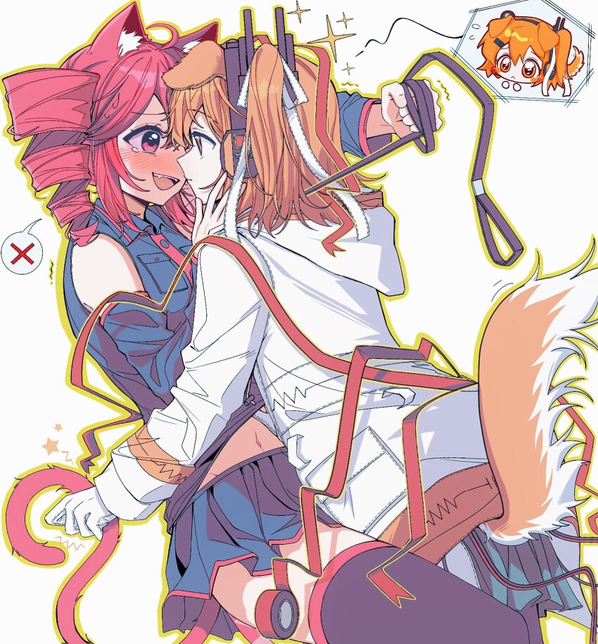 2girls, a.i._voice, adachi_rei, ahoge, animal_ears, black_skirt, black_sleeves, black_thighhighs, blush, cable, cat_ears, cat_tail, collared_shirt, detached_sleeves, dog_ears, dog_tail, drill_hair, eye_contact, from_side, full-face_blush, gloves, groin, hashtag-only_commentary, highres, holding_another's_tail, hood, hooded_jacket, image_in_thought_bubble, jacket, kasane_teto, kasane_teto_(utau), kimmy6710223, leash, long_sleeves, looking_at_another, midriff_peek, miniskirt, multiple_girls, navel, open_mouth, orange_eyes, orange_hair, red_eyes, red_hair, red_ribbon, ribbon, shirt, skirt, sleeveless, sleeveless_shirt, spoken_x, sweat, tail, tears, teeth, thighhighs, twin_drills, upper_teeth_only, utau, white_background, white_gloves, white_jacket, wing_collar, yuri