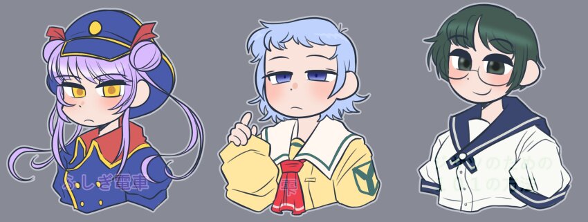 3girls, ascot, blue_eyes, blue_hair, blue_hat, blue_jacket, blue_sailor_collar, blush