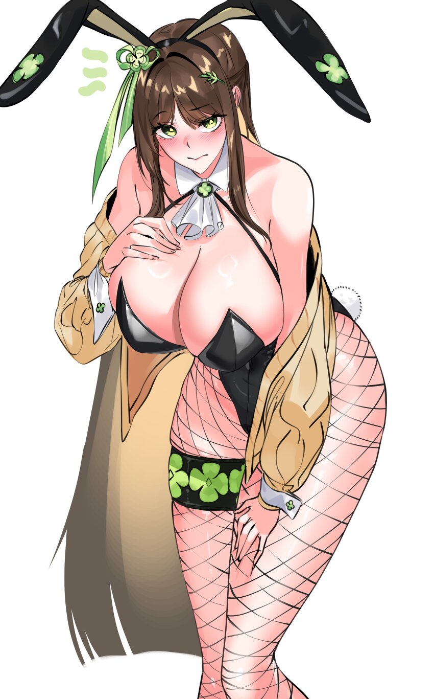 1girl, absurdres, animal_ears, black_leotard, black_survival, breasts, clover-shaped_pupils, detached_collar