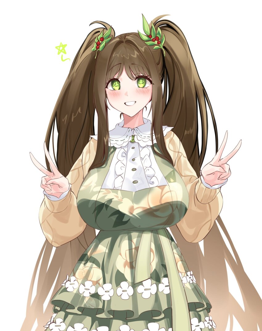 1girl, absurdres, black_survival, breasts, clover-shaped_pupils, double_v, eternal_return:_black_survival, green_eyes