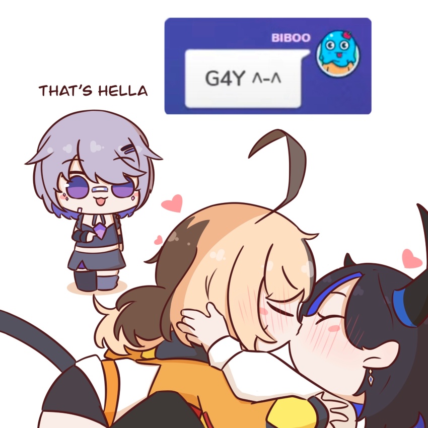 3girls, ahoge, asymmetrical_legwear, bandaid, bandaid_on_face, bandaid_on_nose, black_hair, black_thighhighs, blue_hair, blush, brown_hair, chibi, chibi_only, closed_eyes, earrings, gartic_phone, gigi_murin, gigi_murin_(1st_costume), hair_ornament, hairclip, heart, highres, hiroavrs, hololive, hololive_english, jewelry, kiss, koseki_bijou, koseki_bijou_(casual), leg_warmers, medium_hair, multicolored_hair, multiple_girls, nerissa_ravencroft, nerissa_ravencroft_(casual), official_alternate_costume, official_alternate_hair_length, official_alternate_hairstyle, short_hair, simple_background, single_leg_warmer, single_thighhigh, tail, thighhighs, two-tone_hair, virtual_youtuber, white_background, white_leg_warmers, yuri