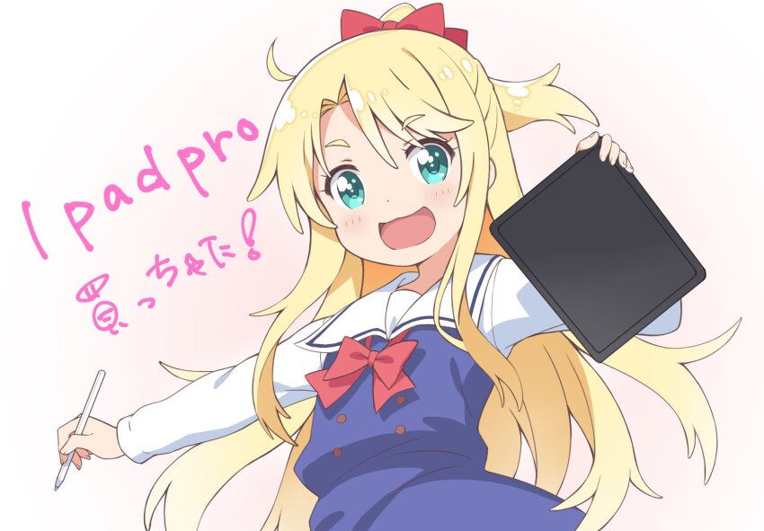 1girl, apple_pencil, aqua_eyes, blonde_hair, blue_dress, bow, commentary_request, dress