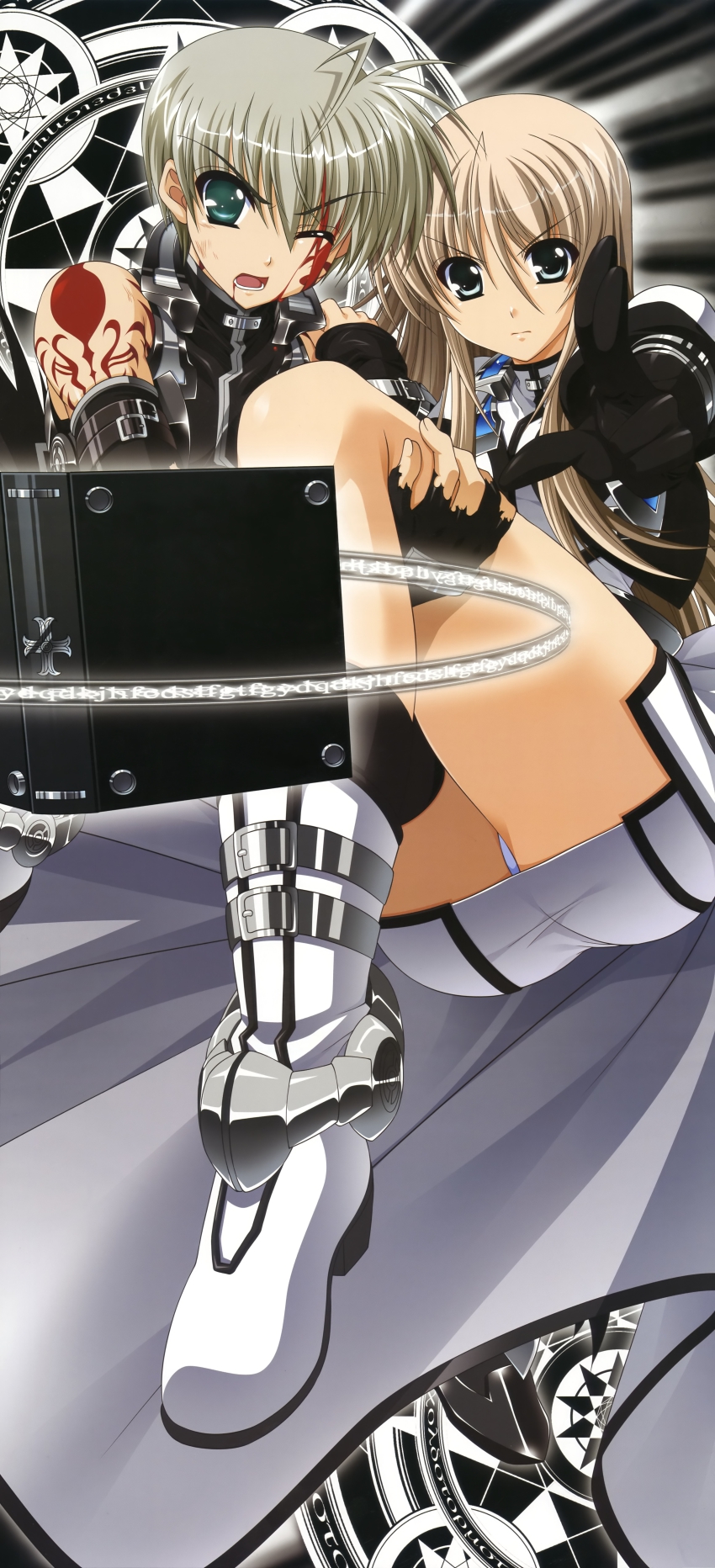 1boy, 1girl, absurdres, ass, bible_of_silver_cross, blood, blue_eyes, book