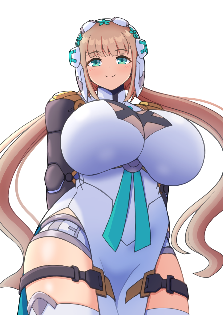 alternate_breast_size_(larger), android, azure_striker_gunvolt, blush, breasts, brown_hair, cowboy_shot, green_eyes, gunvolt_chronicles_luminous_avenger_ix_2, huge_breasts, inumaru75707951, joints, long_hair, looking_at_viewer, looking_down, low_twintails, mecha_musume, null_(luminous_avenger_ix_2), pelvic_curtain, robot_girl, robot_joints, smile, thighhighs, twintails, very_long_hair