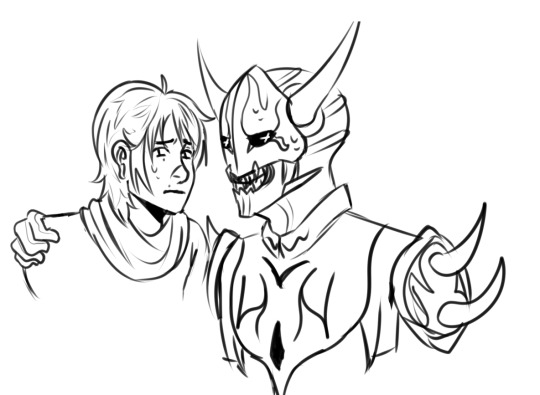 2boys, armor, hand_on_another's_shoulder, kamen_rider, kamen_rider_den-o_(series), averting_eyes, lordreptah, male_focus, messy_hair, monster, monster_boy, multiple_boys, negataros, nogami_ryoutarou, oni, portrait, sketch, sweat, sweatdrop