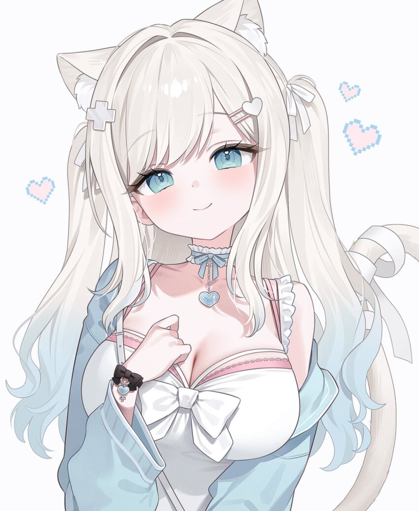 1girl, animal_ear_fluff, animal_ears, blue_eyes, blue_hair, blue_jacket, breasts, cat_ears, cat_girl, cat_tail, cleavage, closed_mouth, dress, fymrie, gradient_hair, grey_hair, hair_ornament, heart, heart_hair_ornament, highres, indie_virtual_youtuber, itome_runa, jacket, large_breasts, long_hair, multicolored_hair, open_clothes, open_jacket, simple_background, smile, solo, tail, twintails, upper_body, virtual_youtuber, white_background, white_dress, x_hair_ornament
