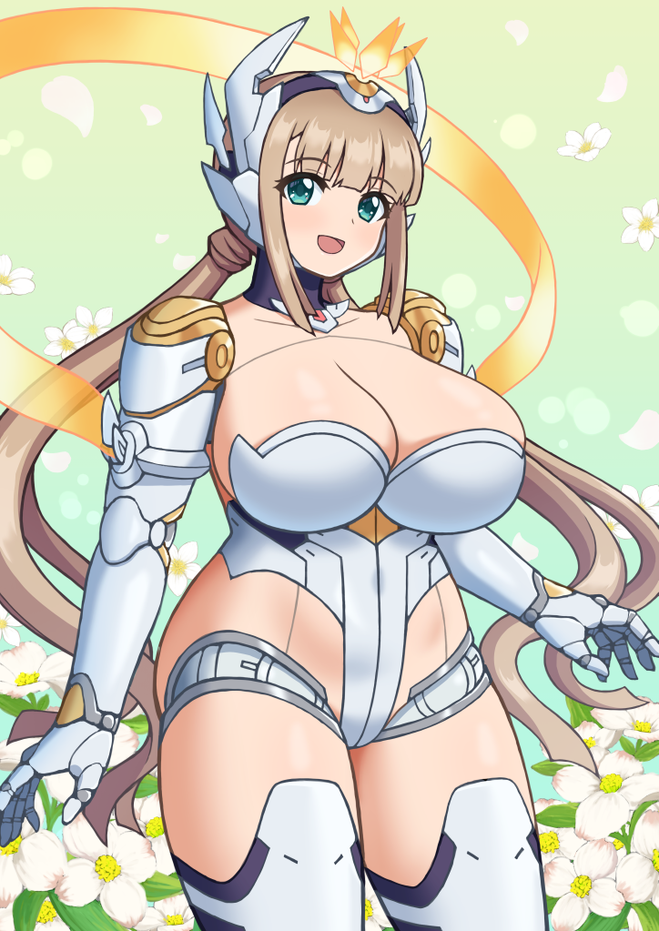 1girl, alternate_costume, android, azure_striker_gunvolt, blunt_bangs, breasts, brown_hair, collarbone