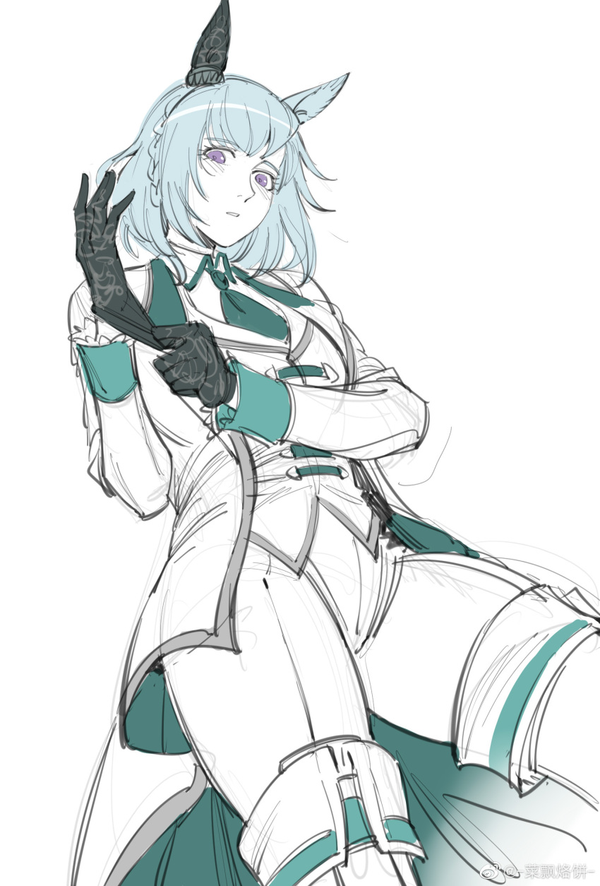 1girl, adjusting_clothes, adjusting_gloves, animal_ears, aqua_eyes, black_gloves, blue_hair, boots