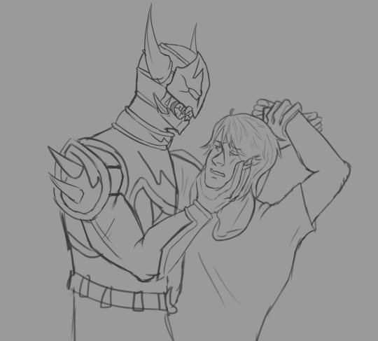 2boys, armor, arms_up, hand_on_another's_chin, hand_on_another's_face, hand_on_own_arm, holding_wrists, kamen_rider, kamen_rider_den-o_(series), lordreptah, male_focus, messy_hair, monster, monster_boy, multiple_boys, negataros, nogami_ryoutarou, oni, profile, shirt, from_side, sketch, t-shirt