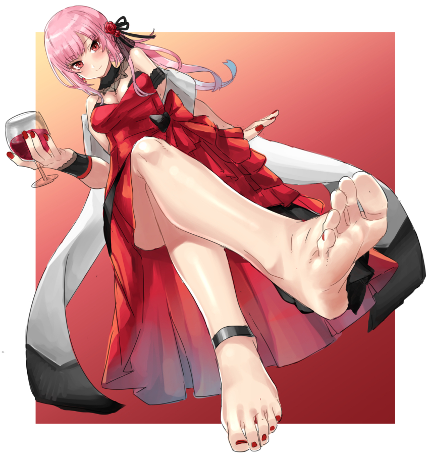 1girl, arm_rest, bare_shoulders, barefoot, blush, border, breasts, cleavage