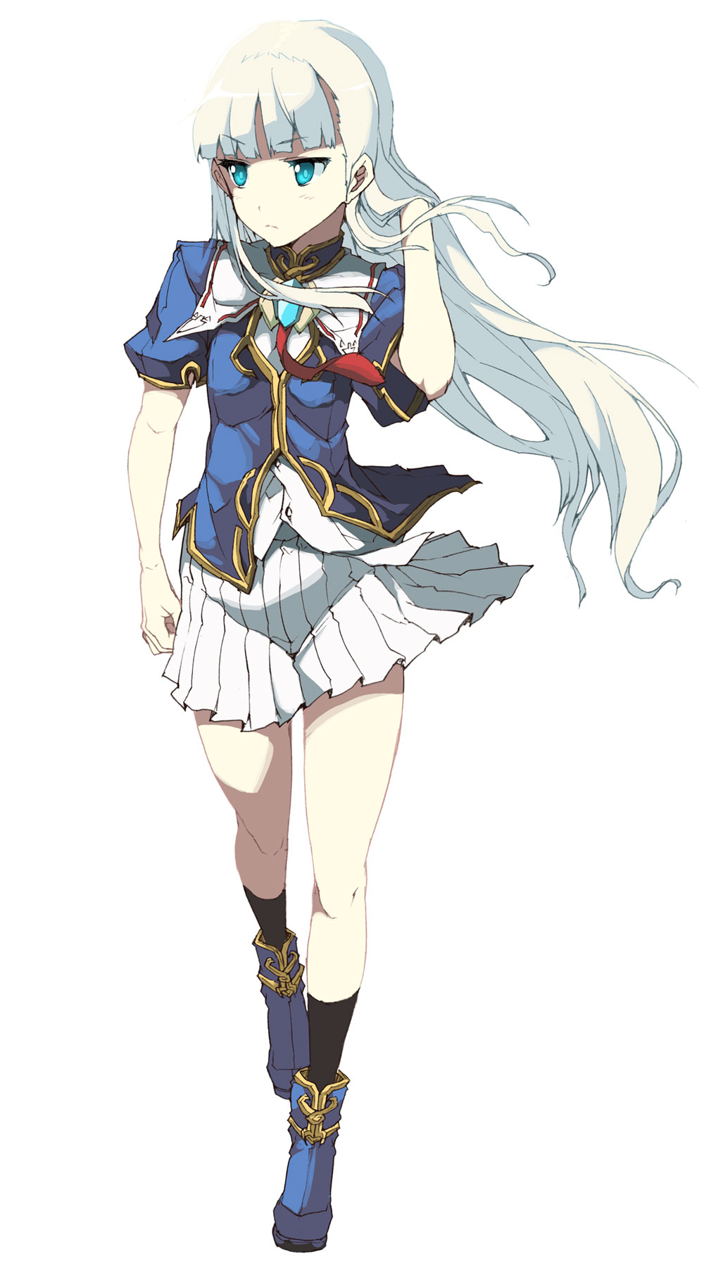 1girl, aqua_eyes, erect_sawaru, female_focus, full_body, highres, hime_cut, necktie, pandra, school_uniform, shirley_(shiro)_white, simple_background, skirt, solo, white_background, white_hair