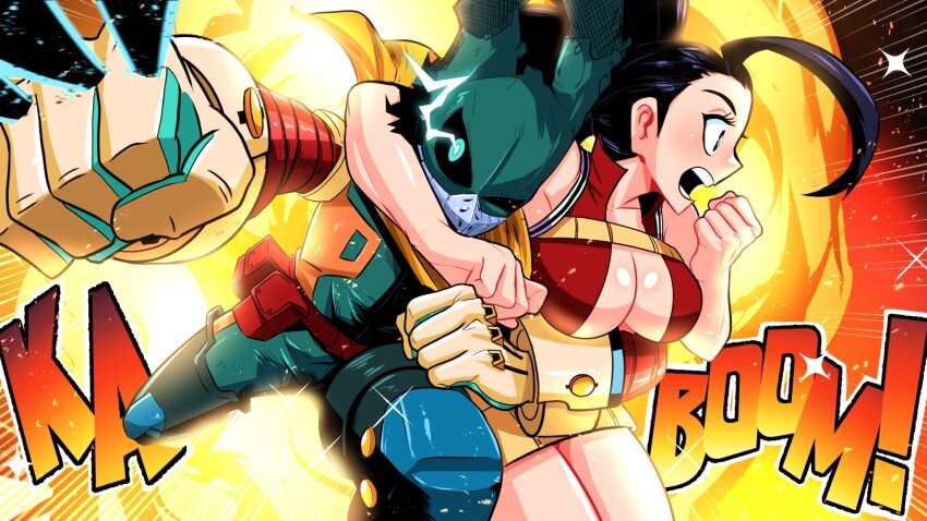 1boy, 1girl, arm_around_another's_waist, arm_around_neck, belt_pouch, black_eyes, black_hair, black_sclera