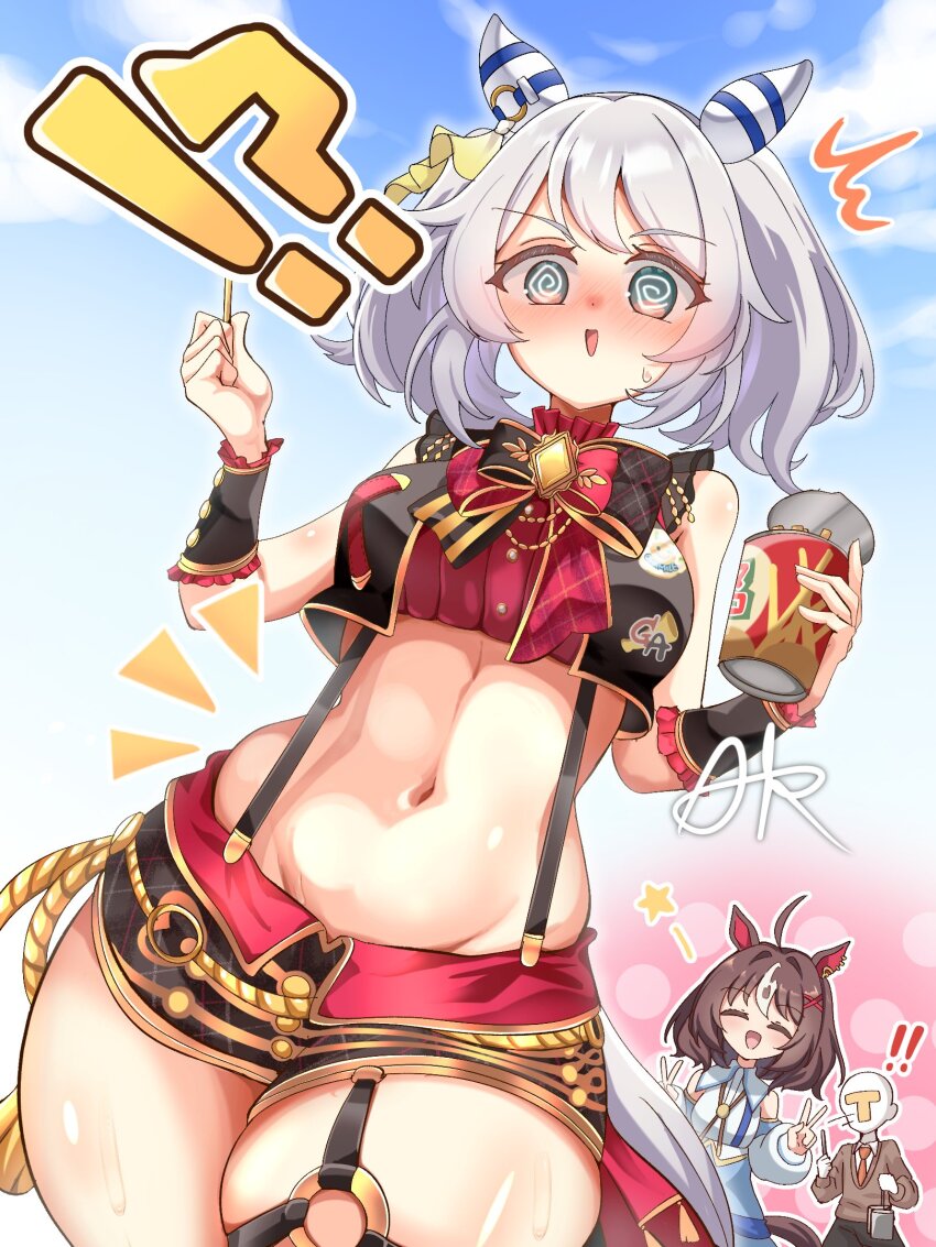 !, !!, !?, 1boy, 2girls, @_@, aiguillette, akikawa_noya, animal_ears, bare_shoulders, breasts, brown_eyes, brown_hair, brown_sweater, commentary_request, cosplay, costume_switch, cup, curvy, detached_sleeves, double_v, facing_viewer, food, gran_alegria_(umamusume), gran_alegria_(umamusume)_(cosplay), grey_hair, groin, hair_between_eyes, hair_ornament, highres, hishi_miracle_(umamusume), hishi_miracle_(umamusume)_(cosplay), horse_ears, horse_girl, looking_at_viewer, medium_breasts, multiple_girls, navel, necktie, o-ring, o-ring_thigh_strap, open_mouth, orange_necktie, shirt, shorts, sky, sleeveless, sleeveless_shirt, smile, star_(symbol), stomach, suspender_shorts, suspenders, sweat, sweater, t-head_trainer_(umamusume), thick_thighs, thigh_strap, thighs, trainer_(umamusume), umamusume, v, wide_hips, x_hair_ornament