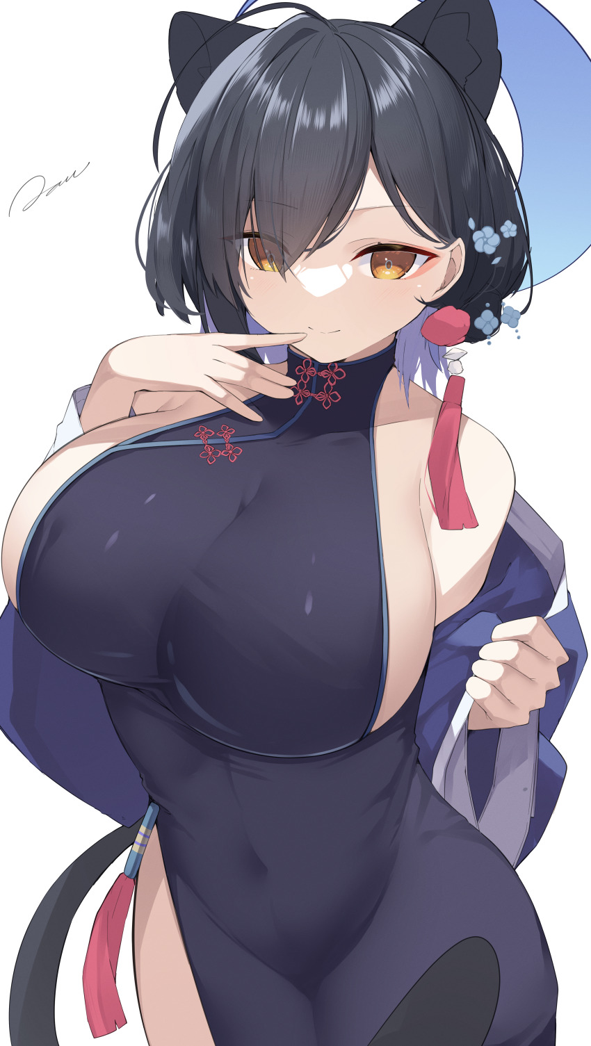 1girl, absurdres, ahoge, animal_ears, bare_shoulders, black_dress, black_hair, blue_archive