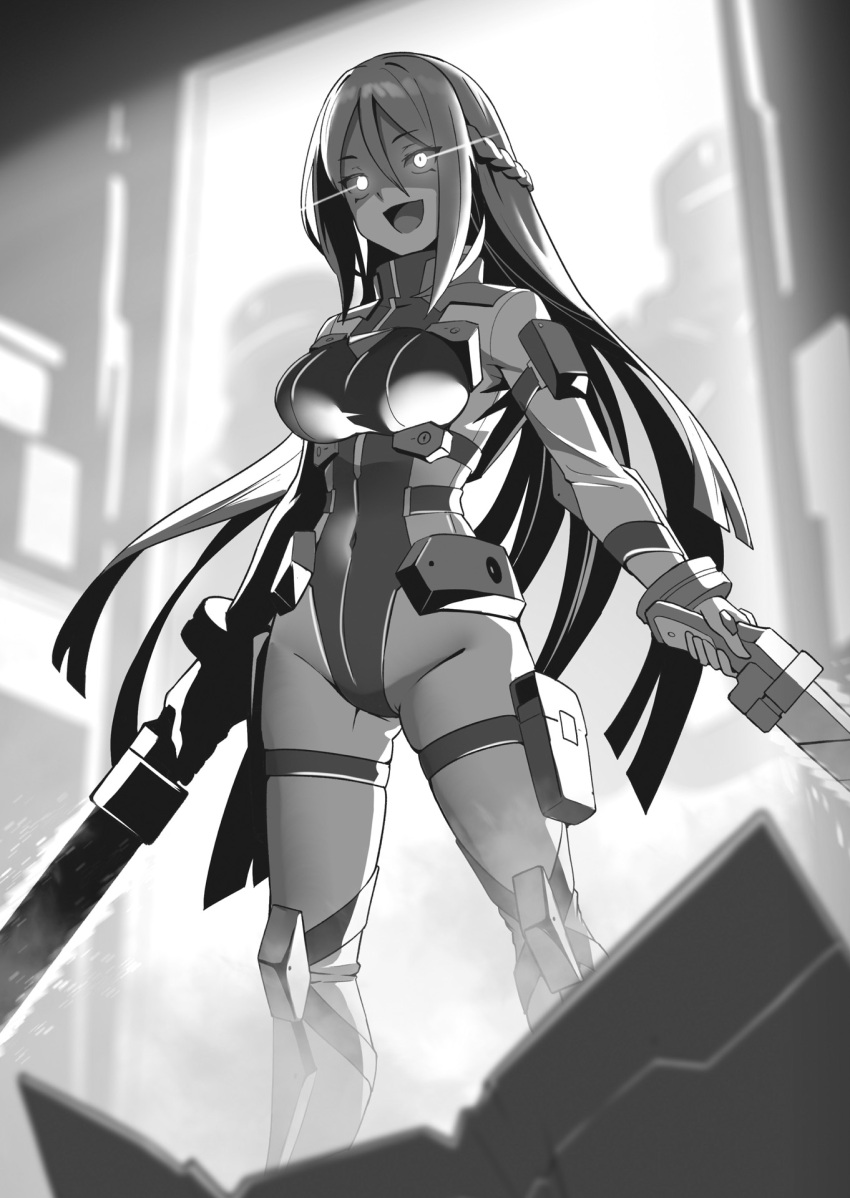 armored_boots, boots, greyscale, highres, leotard, long_hair, marie_sera_marian, monochrome, non-web_source, novel_illustration, official_art, open_mouth, ore_wa_seikan_kokka_no_akutoku_ryoushu!, purple_eyes, smile, sword, very_long_hair, weapon