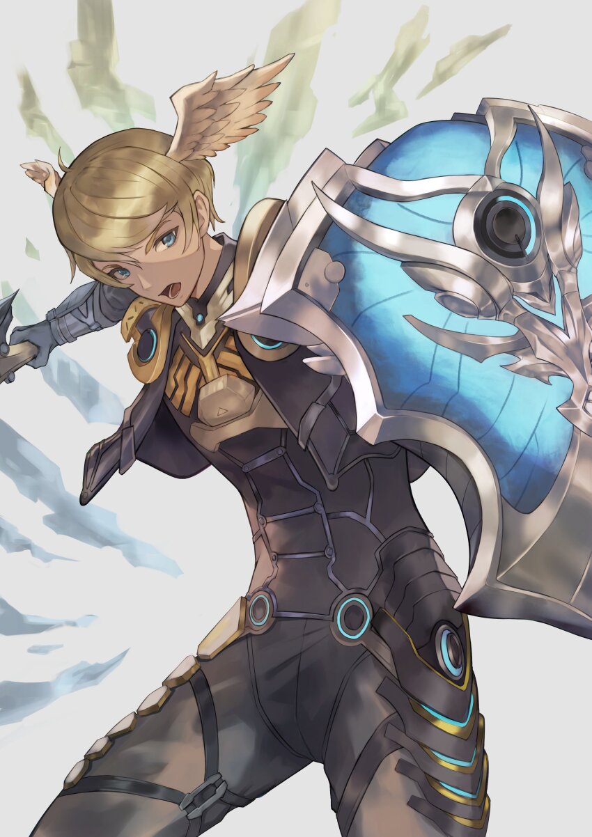 1boy, absurdres, black_bodysuit, blonde_hair, blue_eyes, bodysuit, commentary, head_wings