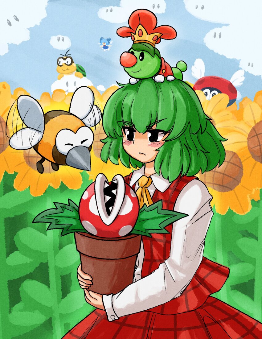 1girl, absurdres, alt_text, ascot, black_eyes, blue_sky, closed_mouth, cloud, commentary, crossover, english_commentary, field, flower, flower_field, green_hair, highres, kazami_yuuka, lakitu, lakitu's_cloud, long_sleeves, mario_(series), mcsquiddies, nintendo, outdoors, para-biddybud, piranha_plant, plaid_clothes, plaid_skirt, plaid_vest, plant, potted_plant, prince_florian, red_skirt, red_vest, sharp_teeth, shirt, short_hair, skirt, sky, stingby, sunflower, sunflower_field, super_mario_bros._wonder, teeth, touhou, vest, white_shirt, yellow_ascot