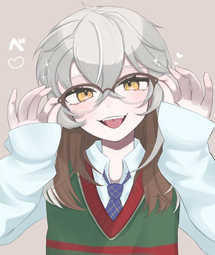 1other, :d, adjusting_eyewear, blue_necktie, brown_background, brown_hair, choko_(1839), collared_shirt