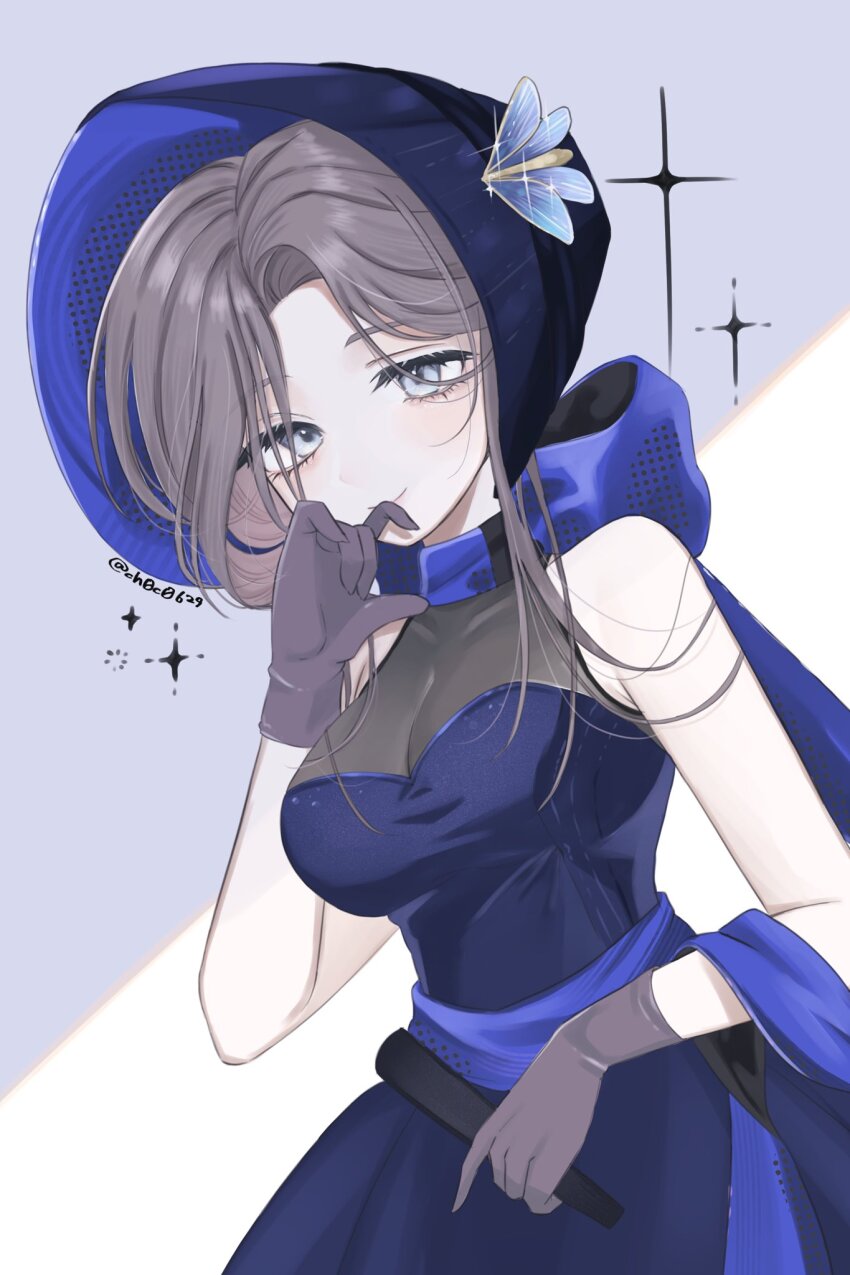 1girl, bare_shoulders, black_dress, blue_background, blue_bow, blue_hat, bonnet, bow
