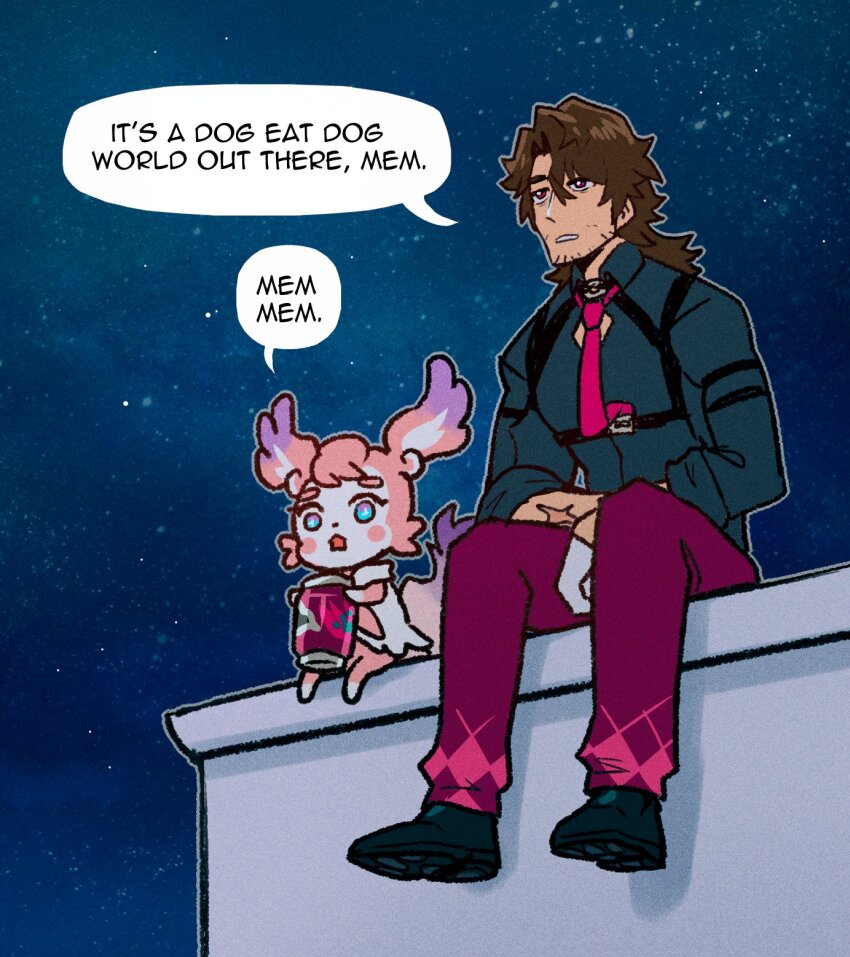 1boy, 1girl, animal_ears, beard_stubble, black_shirt, black_shoes, brown_hair, commentary