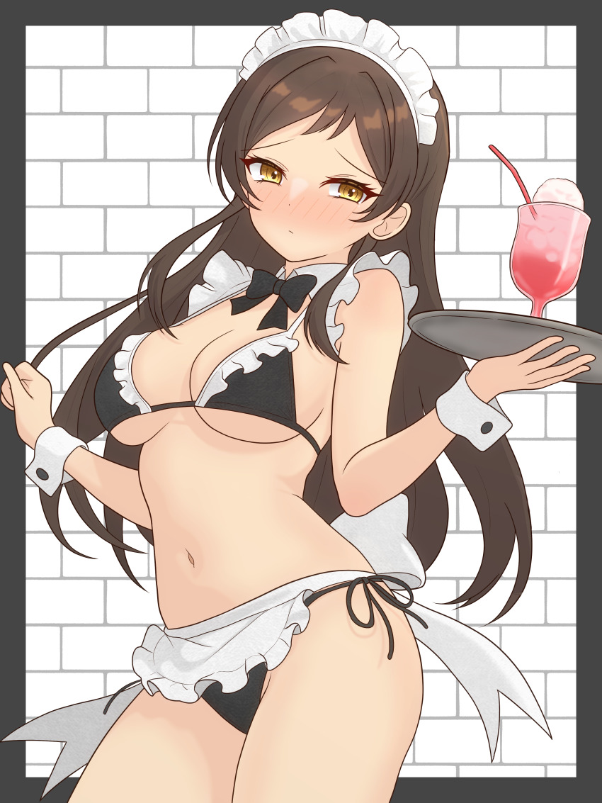 1girl, 82k_mugi, absurdres, apron, bikini, black_bikini, black_border, black_bow