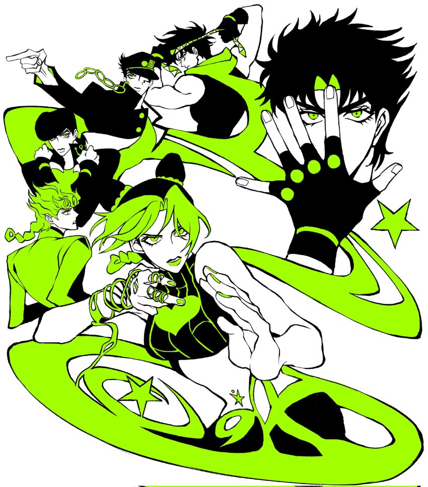 1girl, 5boys, asymmetrical_bangs, battle_tendency, black_gloves, black_hair, black_hat, black_shirt, braid, chain, clamchowder55, colored_skin, diamond_wa_kudakenai, double_bun, from_behind, gakuran, giorno_giovanna, gloves, green_eyes, green_hair, green_headband, green_jacket, green_scarf, green_shirt, hair_bun, hat, headband, heart, heart_print, higashikata_josuke, higashikata_josuke's_pose, highres, jacket, jojo_no_kimyou_na_bouken, jojo_pose, jonathan_joestar, jonathan_joestar's_pose, joseph_joestar, joseph_joestar's_pose, joseph_joestar_(young), kujo_jolyne's_pose, kujo_jotaro's_pose, kuujou_jolyne, kuujou_joutarou, limited_palette, multicolored_hair, multiple_boys, muscular, phantom_blood, scarf, school_uniform, shirt, single_braid, sleeveless, sleeveless_shirt, spot_color, star_(symbol), stardust_crusaders, stone_ocean, two-tone_hair, vento_aureo, white_skin