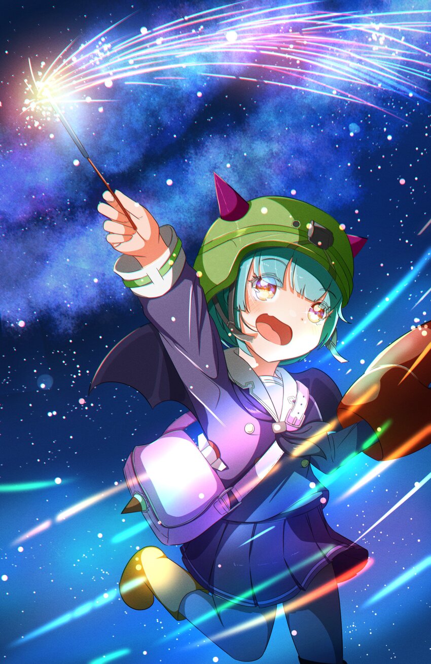 1girl, absurdres, bungo_yayoi, crab_claw, fake_horns, green_hair, hat, heaven_burns_red, highres, holding, holding_fireworks, horns, kamakamapoke, night, open_mouth, short_hair, skirt, solo, yellow_eyes