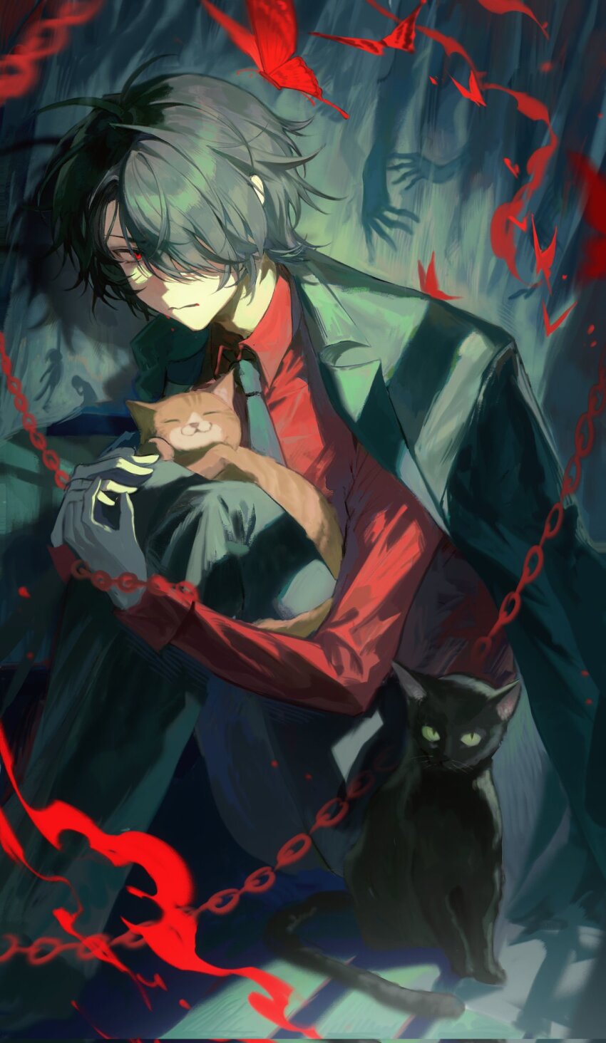 1boy, animal, animal_on_lap, black_cat, black_hair, black_jacket, black_necktie, black_pants