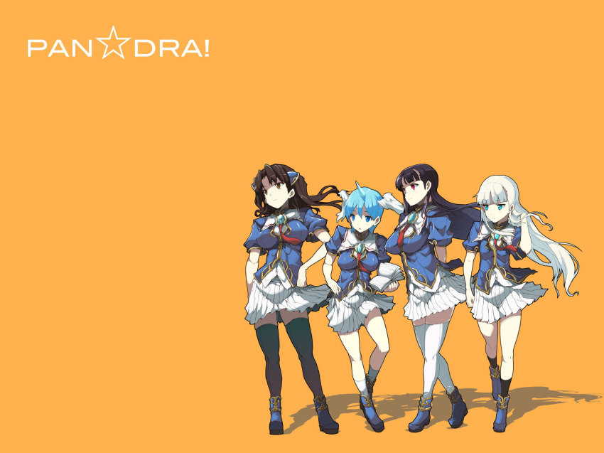 4girls, aqua_eyes, black_hair, blue_hair, book, breasts, brown_eyes, brown_hair, erect_sawaru, fumika_reisenbach, hair_ornament, hand_on_own_hip, head_wings, highres, hime_cut, hip_focus, horns, large_breasts, long_hair, multiple_girls, necktie, pandra, red_eyes, reily_(kuro)_black, school_uniform, shirley_(shiro)_white, short_hair, single_horn, skirt, thighhighs, white_hair, wings, yuniko_wingdohose, zettai_ryouiki