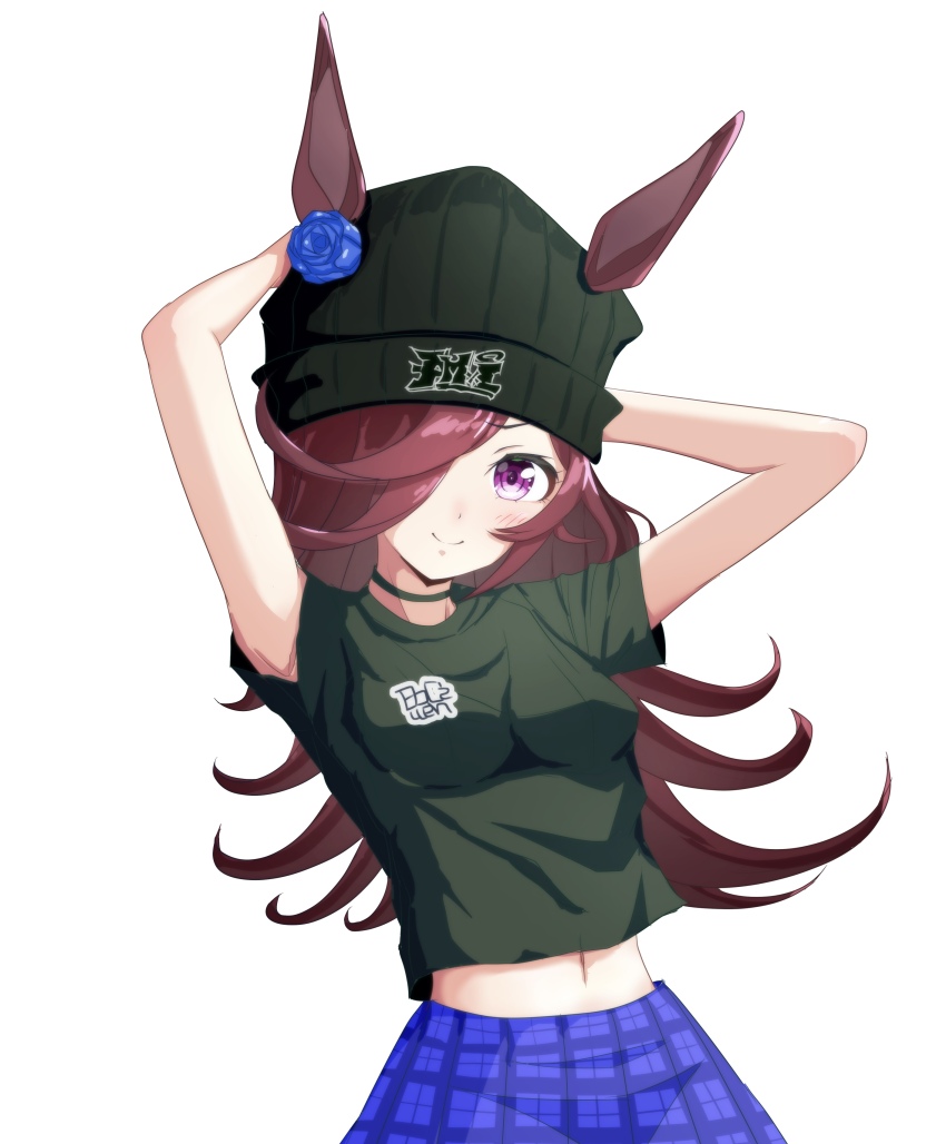 1girl, absurdres, animal_ears, baseball_cap, black_choker, black_hat, black_shirt, blue_skirt, boc'z_(umamusume), breasts, brown_hair, choker, ears_through_headwear, hair_over_one_eye, hat, highres, horse_ears, horse_girl, kpkppeca, long_hair, looking_at_viewer, midriff, navel, purple_eyes, rice_shower_(boc'z)_(umamusume), rice_shower_(umamusume), shirt, simple_background, skirt, small_breasts, solo, umamusume, upper_body, white_background