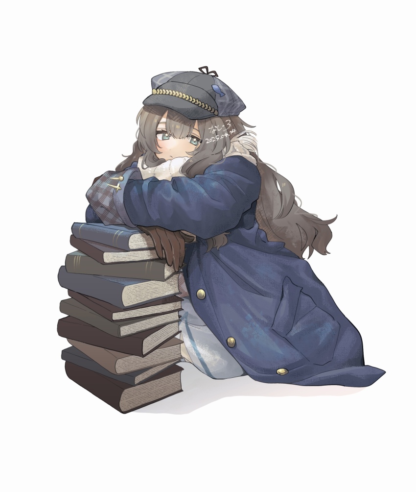 1girl, :/, absurdres, artist_name, blue_coat, blue_eyes, book, book_stack