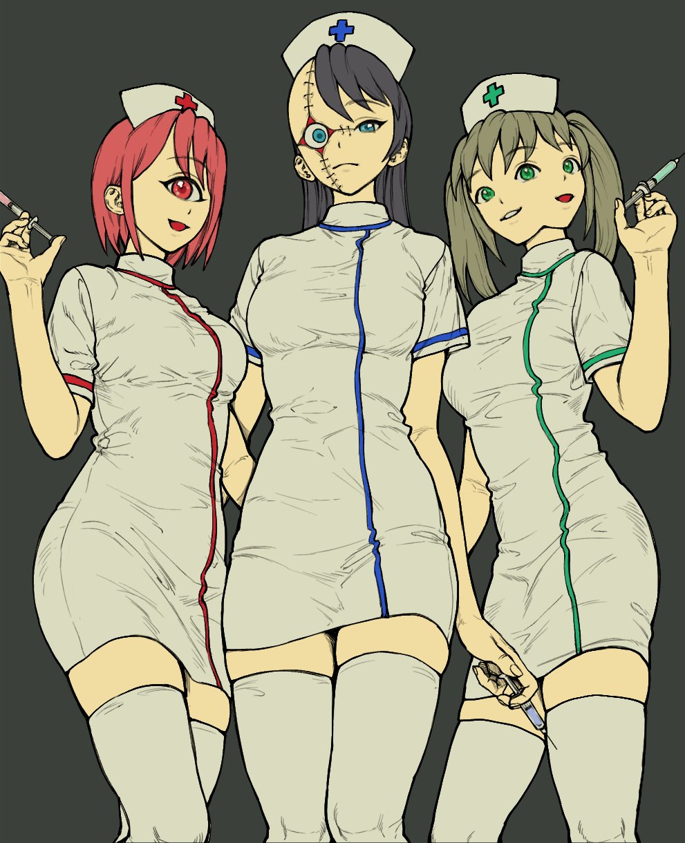 3girls, asymmetrical_hair, black_hair, blue_eyes, brown_hair, closed_mouth, collared_dress, cowboy_shot, cross_scar, cyclops, dress, expressionless, extra_eyes, extra_mouth, green_eyes, grey_background, hand_up, hashtag-only_commentary, hat, highres, holding, holding_syringe, ichigou_(ikigusare), ikigusare, imaninjaguy, long_hair, looking_at_viewer, medium_hair, multiple_faces, multiple_girls, nigou_(ikigusare), nurse, nurse_cap, one-eyed, red_eyes, red_hair, sangou_(ikigusare), scar, scar_across_eye, scar_on_face, short_hair, short_sleeves, sidecut, simple_background, skindentation, smile, standing, stitched_face, stitches, syringe, thighhighs, twintails, undercut, uneven_eyes, white_dress, white_thighhighs