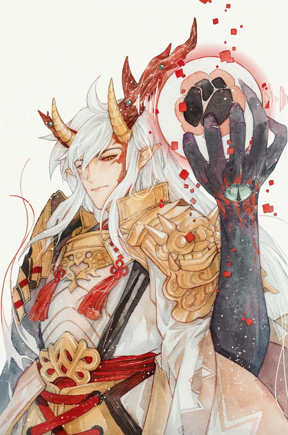 1boy, armor, black_claws, closed_mouth, colored_sclera, colored_skin, facial_tattoo, fingernails