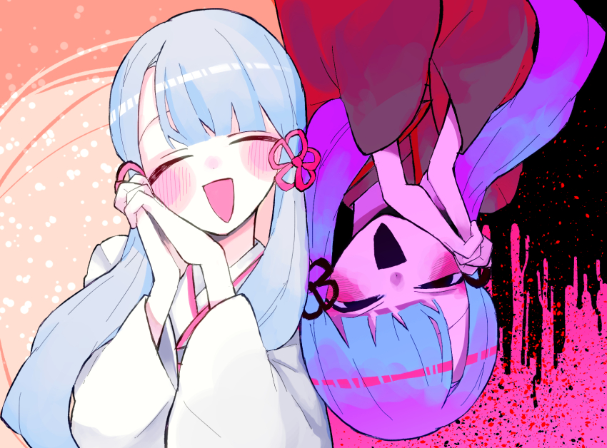 2girls, blue_hair, blush, blush_stickers, clone, closed_eyes, coeiroink, commentary_request