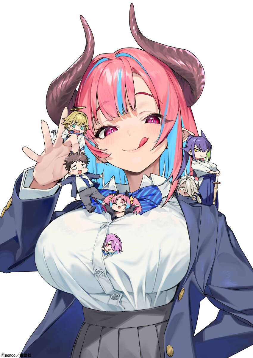 1boy, 6+girls, absurdres, ahoge, ami_(kanan-sama), aqua_eyes, artist_name, black_shirt