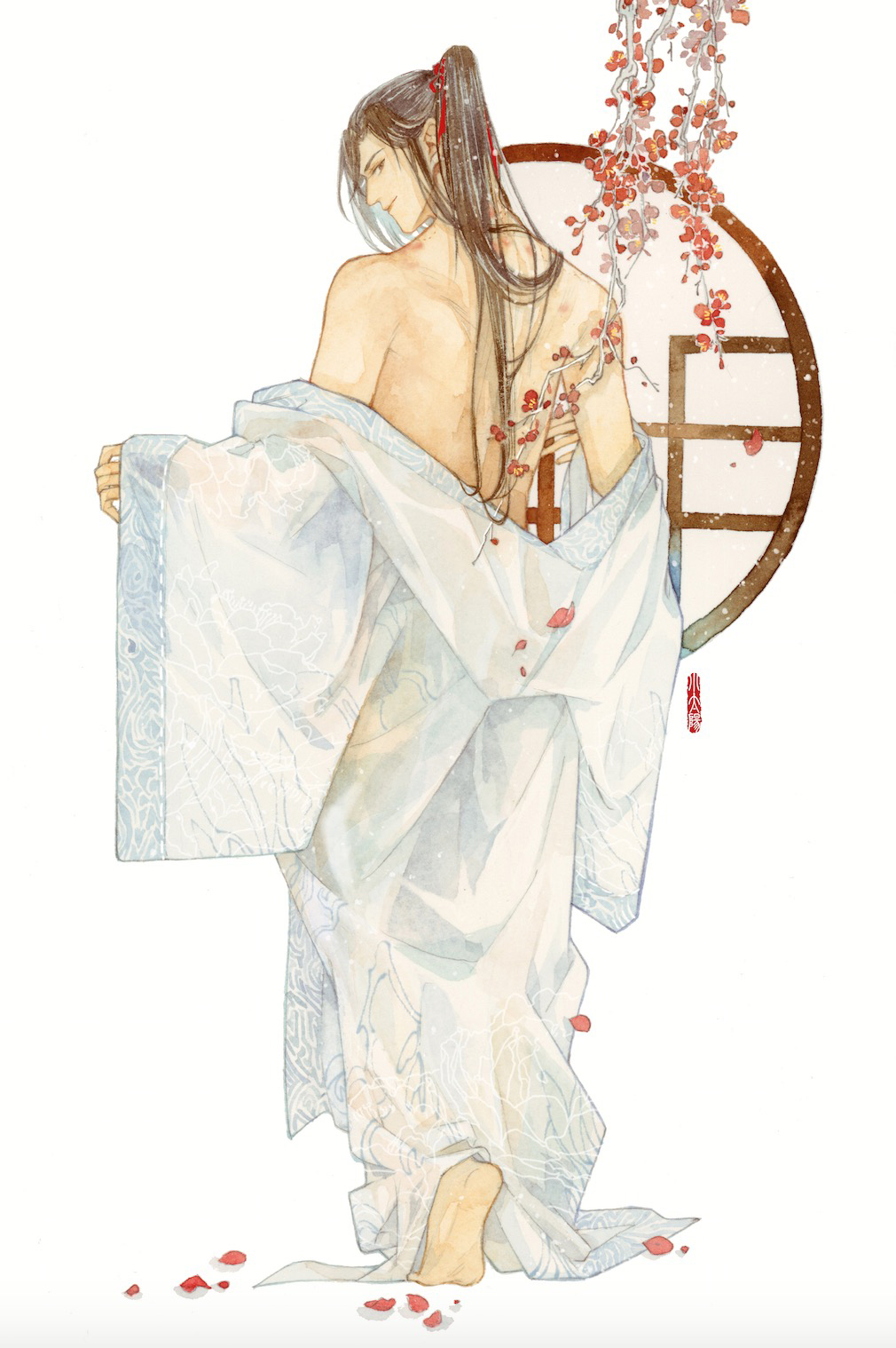 1boy, alternate_costume, back, bare_back, bare_shoulders, barefoot, black_hair, branch