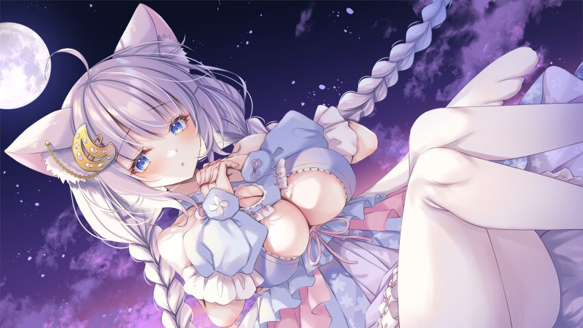 1girl, ahoge, animal_ear_fluff, animal_ears, blue_dress, blue_eyes, braid, breasts, cleavage, cleavage_cutout, clothing_cutout, cloud, dress, fox_ears, fox_girl, frilled_dress, frills, full_moon, grey_hair, highres, indie_virtual_youtuber, interlocked_fingers, long_hair, mitsuki_tsumi, moon, night, nyubun_(vtuber), palette_hair_ornament, pantyhose, second-party_source, sky, solo, twin_braids, virtual_youtuber, white_pantyhose