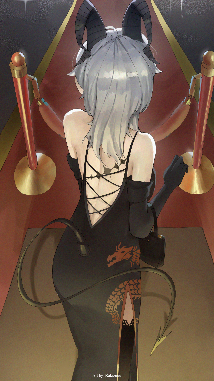 1girl, absurdres, artist_name, back, bare_shoulders, black_dress, black_gloves, black_horns, black_tail, black_thighhighs, chinese_clothes, cowboy_shot, curled_horns, demon_tail, dress, elbow_gloves, facing_away, from_behind, gloves, grey_hair, highres, horns, median_furrow, medium_hair, rakizuuu, red_carpet, side_slit, solo, tacet_mark_(wuthering_waves), tail, thighhighs, wuthering_waves, zani_(wuthering_waves)