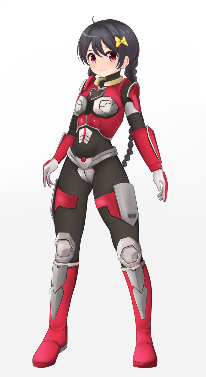 1girl, ahoge, armor, black_bodysuit, black_hair, bodysuit, boots, bow