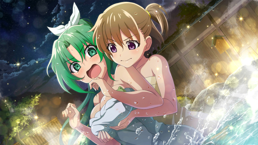 2girls, akasaka_miyuki, bamboo_fence, bow, bow_hairband, breasts, brown_hair, closed_mouth